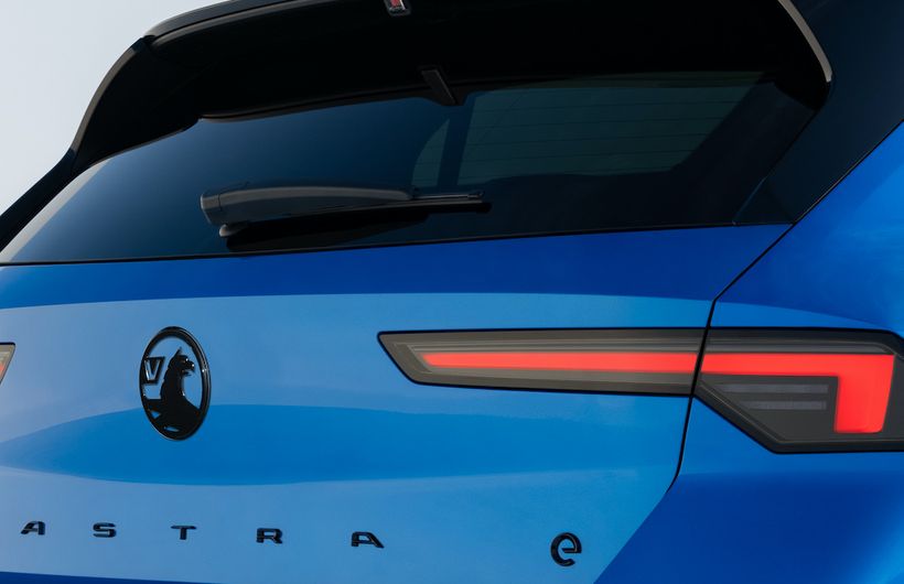 Vauxhall Astra Electric, close up of rear and badge, blue